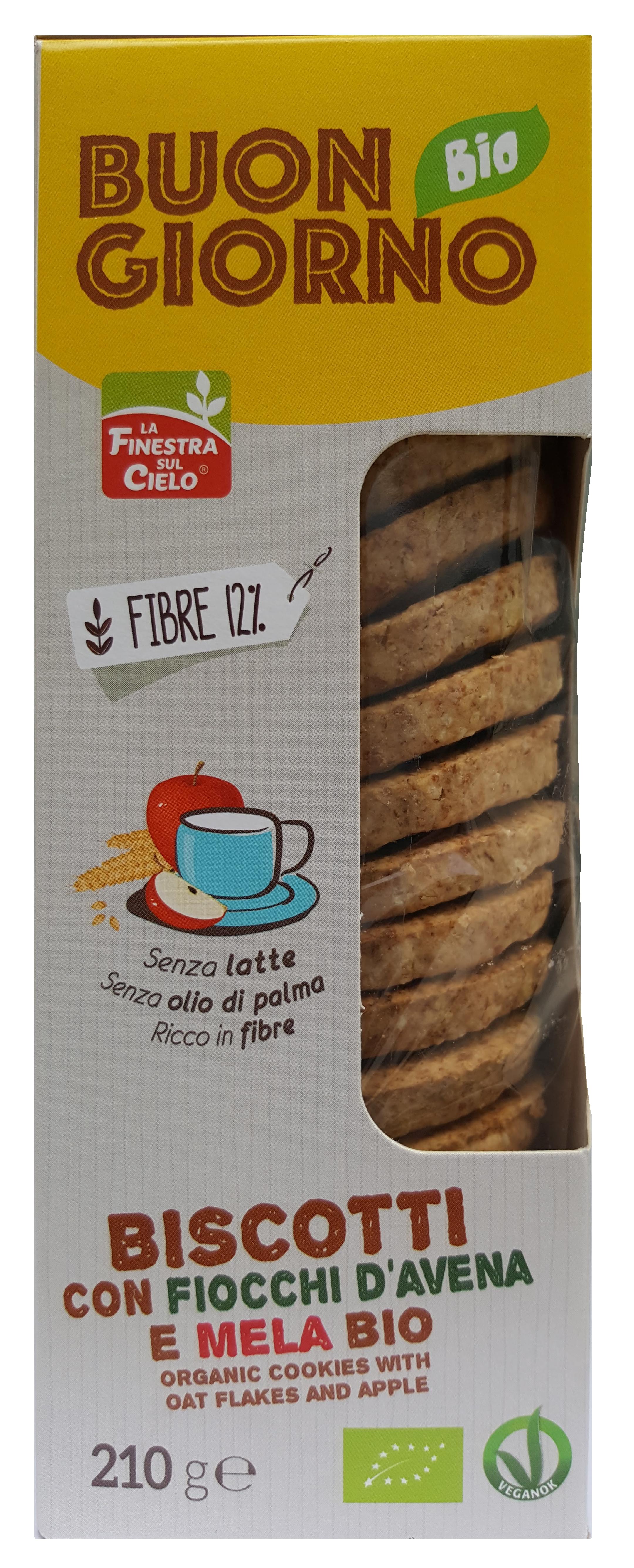 Biscuiti BuongiornoBio din grau integral cu fulgi de ovaz si mere (fara lapte, fara ulei de palmier, vegan) 210g