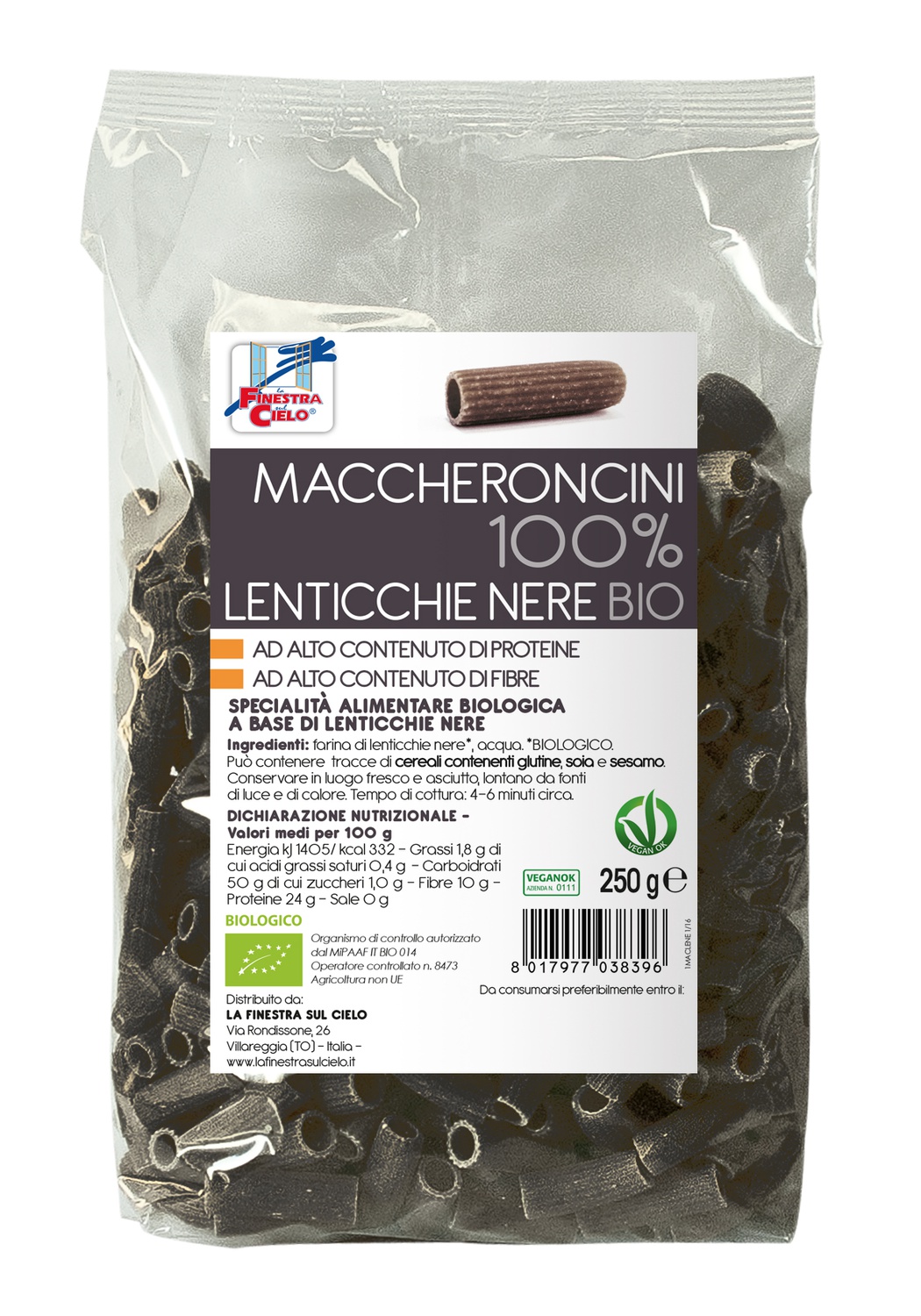 Paste bio Maccheroncini din linte neagra 100% - 250g (produs vegan)