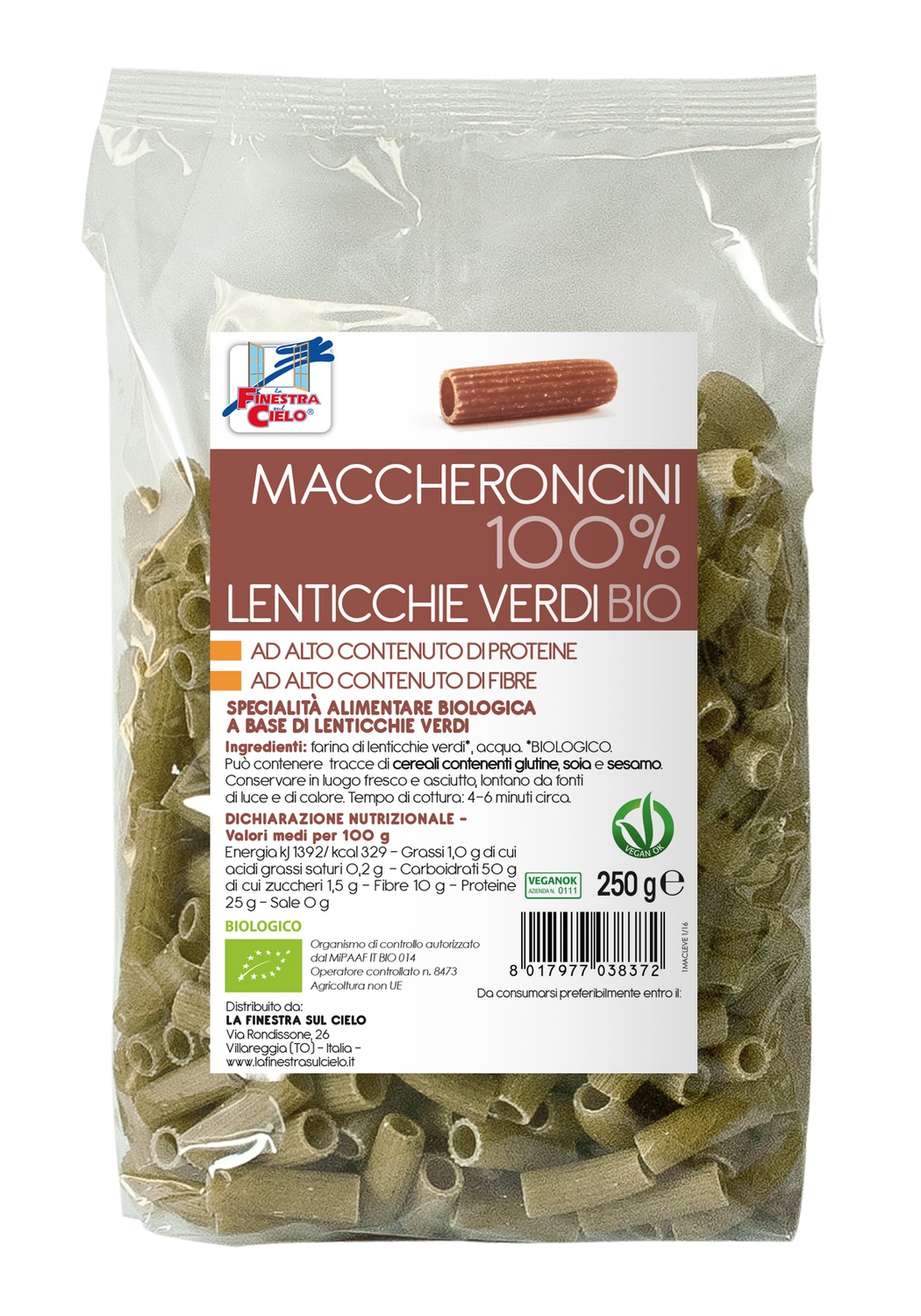 Paste bio Maccheroncini din linte verde 100% - 250g (produs vegan)