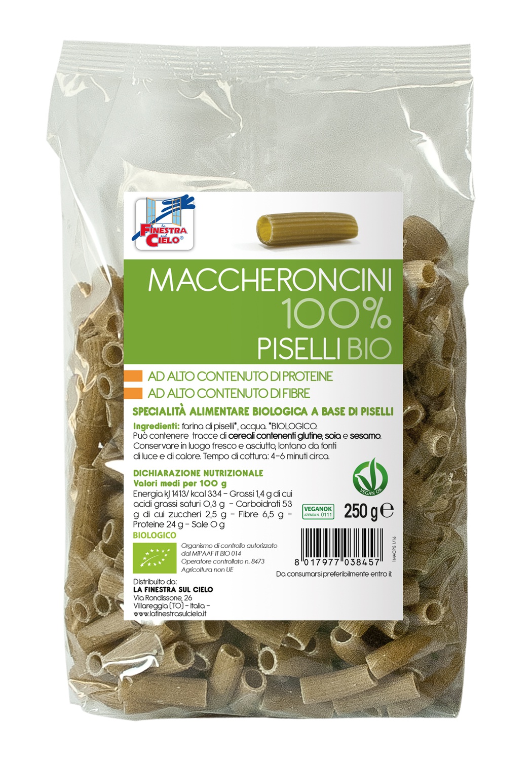 Paste bio Maccheroncini din mazare 100% - 250g (produs vegan)