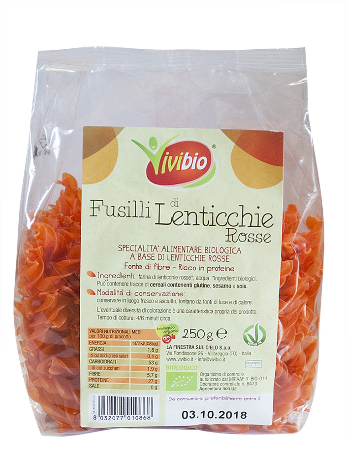 Paste bio Fusilli din linte rosie 250g (produs vegan)